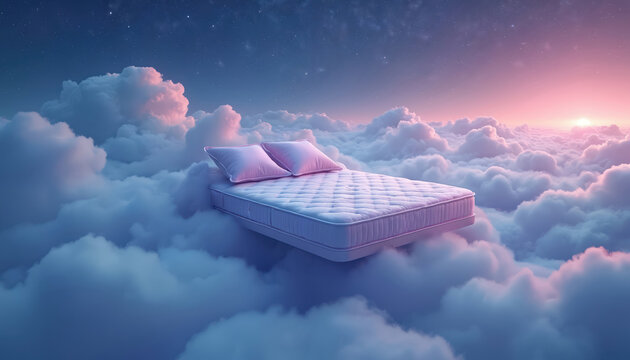 Comfortable white mattress, two soft pillows gently float on fluffy clouds. Surreal dreamlike setting appears in vast starry night sky. Gentle pink, orange light on horizon creates truly peaceful