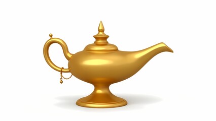 A gold teapot stands against a white backdrop.