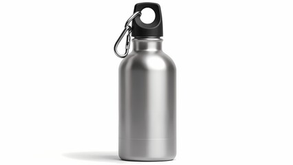 A stainless steel water bottle against a white backdrop.