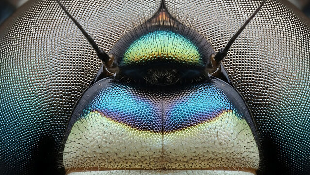 Detailed extreme macro of a metallic insect's head, revealing iridescent compound eyes and vibrant colors