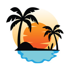 Tropical beach sunset with palm trees silhouette.