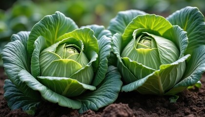 Obraz premium Two large fresh green cabbage heads grow in dark garden soil. Healthy organic plants thrive with vibrant leaves. Raw veggie crop ready for nutritious food harvest. Farm produce supports healthy diet,