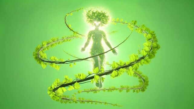 Glowing dryad woman character emerging from swirling vines on green screen for chromakey effect