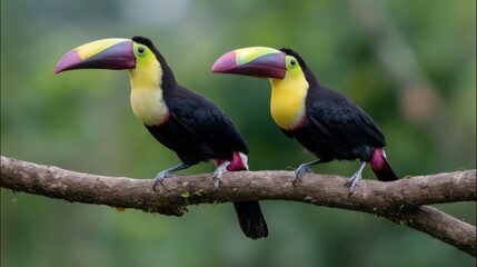 Fototapeta premium Two toucans sit gracefully on a sturdy branch, their vivid beaks shining in the sunlight. The lush greenery of the forest surrounds them, creating a beautiful and tranquil scene