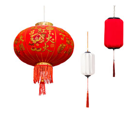 Red Chinese lantern with golden floral patterns and tassels isolated on trasparent background....