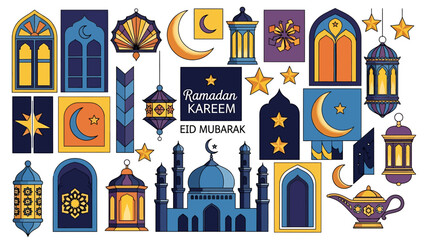 Ramadan Kareem Islamic Celebration Elements, Moon, Lanterns, Mosque, Stars, and Traditional Windows