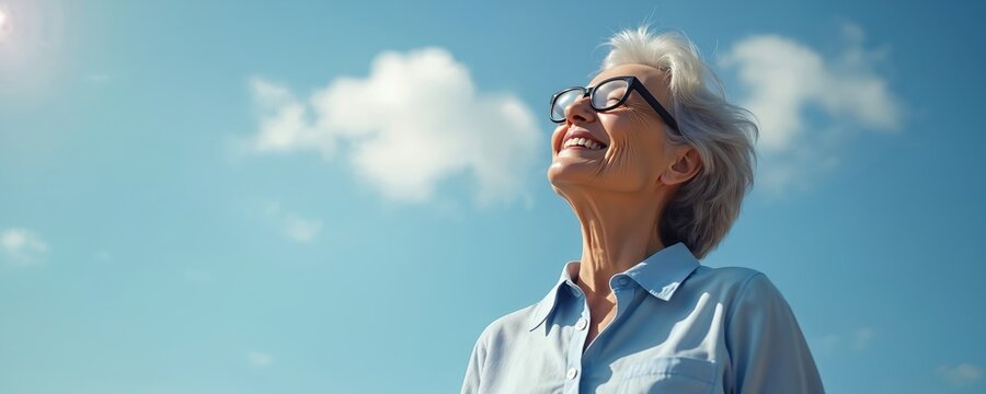 Senior woman with grey hair, black frame glasses smiles, laughing at bright sun. Looks up against clear blue sky, feeling completely relaxed. Mature lady enjoys fresh air on sunny day, finding great