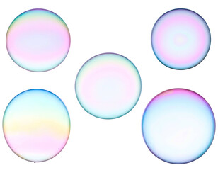 Five iridescent spheres glowing with pastel colors on black
