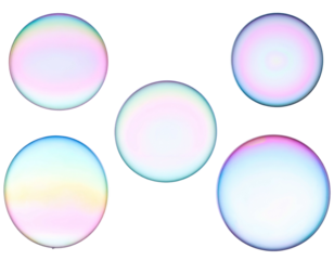 Five iridescent spheres glowing with pastel colors on black