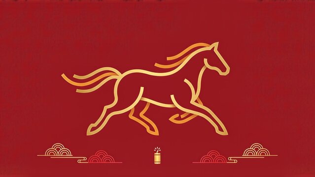 Vibrant Red Background with Stylized Golden Galloping Horse and Traditional Asian Motifs