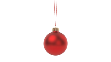 A shiny red christmas ornament with a gold cap hangs from a thin red string