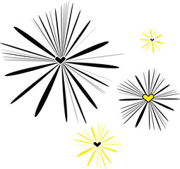Obraz premium Abstract heart-centered starburst vector illustration featuring dynamic radial lines in black and yellow.
