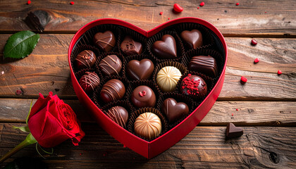 Valentine chocolate gift box with red rose and heart sweets