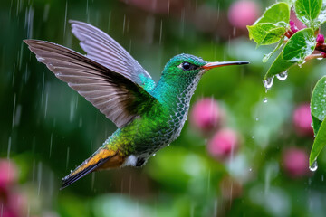 Naklejka premium Hummingbird in Rain Near Blossoming Flowers