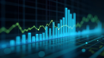 Dynamic blue and green digital stock market graph with bar charts and lines on a dark background, representing financial data analysis, investment insights, business growth, global economy fluctuation