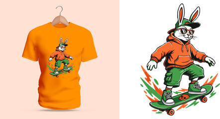 Vector T-shirt illustration of a cool rabbit skateboarder wearing street clothes, captured mid-ride with energetic motion, expressive outfit details, and playful anthropomorphic attitude reflecting