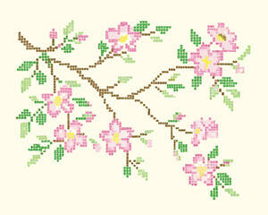 Obraz premium Delicate pink cherry blossom branch rendered in a pixelated cross stitch style