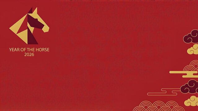 Abstract geometric horse head design with traditional Chinese auspicious clouds on a vibrant red
