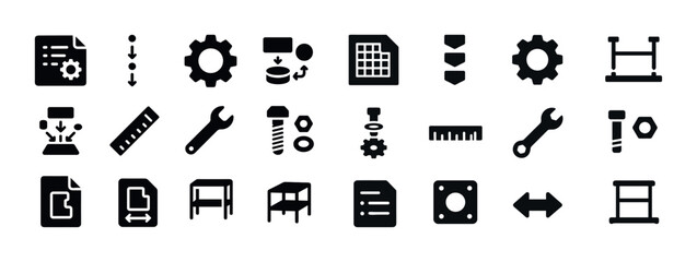 Assorted black silhouette icons of tools and office supplies