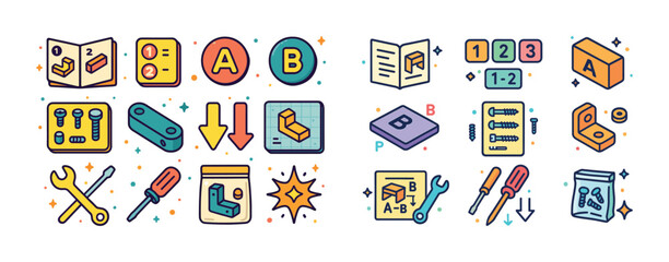 Colorful assembly instructions icons with tools and parts for di