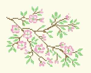 Fototapeta premium Delicate pixel art floral branch with pink blossoms and green leaves