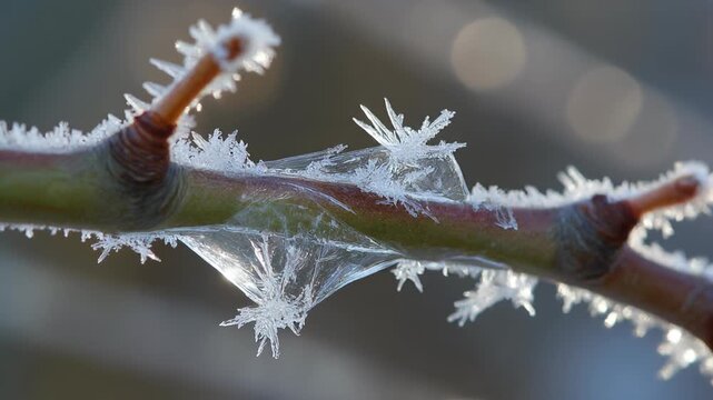 Frosty Feathers on a Branch Macro View through a Window Pane