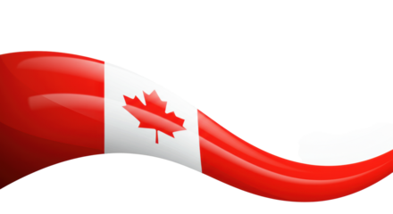 A stylized, vibrant canadian flag with a red maple leaf, undulating and waving gracefully in the lower frame, against a transparent background with copy space. Concept of canadian patriotism