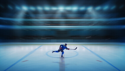 Fototapeta premium Ice hockey player skating fast across arena rink with motion blur design. Concept of team sport dynamics, coordination, operational efficiency and leadership for business and media content.