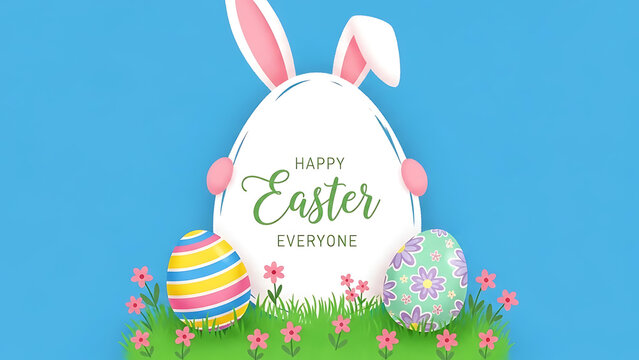 A festive happy easter everyone illustration featuring a bunny silhouette and colorful eggs.