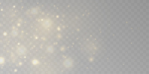 Golden dust particles drift through blurred bokeh with sparkle, glitter, shimmer, and gentle glow, filled with twinkle, sparks,  radiant highlights for Christmas and New Year. PNG vector illustration. © longstock