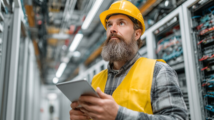 IT technician inspecting server rack in data center