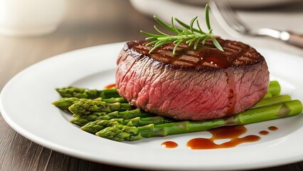 Perfectly cooked medium rare filet mignon steak with fresh asparagus and rosemary garnish.