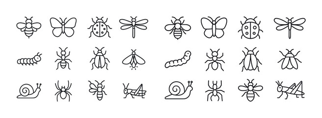 Simple insect line icons featuring bees butterflies beetles ants