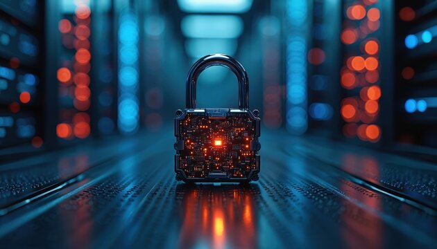 Digital padlock with glowing orange circuit elements stands in dark tech server room. Represents robust cyber security, data protection, internet privacy. Advanced tech guards critical digital - Powered by Adobe