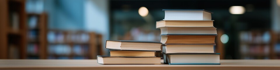 Stack of books on library table with blurred background