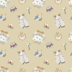 Newborn baby clothes seamless pattern, hand-drawn vector background with cute vintage rompers, bibs, and rattles in delicate pastel colors for textile and fabric design.