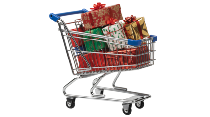 Shopping cart filled with colorful wrapped presents on white background