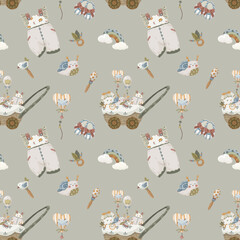 Newborn baby clothes seamless pattern, hand-drawn vector background with cute vintage rompers, bibs, and rattles in delicate pastel colors for textile and fabric design.