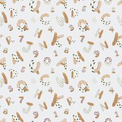 Playful letters and numbers seamless pattern, hand-drawn vector background with cute stylized alphabet and digits for kids&rsquo; school supplies, paper, and nursery decor.