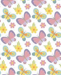 Seamless pattern in pastel colors with butterflies and flowers. Spring or summer cute background