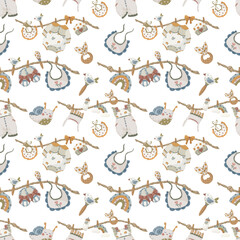 Baby toys and carriage seamless pattern, hand-drawn vector background with cute cat toy, stroller, rattles, and rainbow for nursery decor, greeting cards, and kids design.