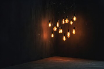 Warm glowing vintage edison bulbs illuminate an industrial loft space ambiance.