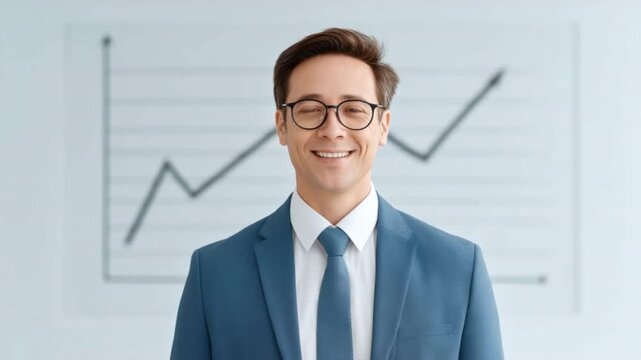 Confident businessman smiling in office environment with growth chart background showcasing professional success and positive outlook Background 4k video footage