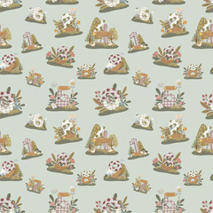 Forest landscape seamless pattern, hand-drawn vector background with abstract mountains and trees in earth tones for home decor, packaging, and children&rsquo;s clothing.