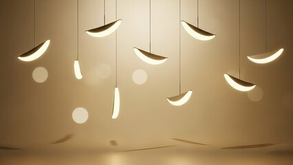 Minimalist pendant lights casting a warm glow on a beige wall