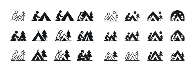 Minimalist camping icons: diverse tents and trees collection