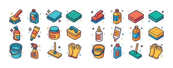 Colorful collection of household cleaning supplies: brushes, bot