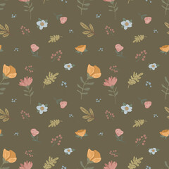 Dark rustic floral seamless pattern, hand-drawn vector background with vintage colorful flowers and leaves in rows for fashion textiles, upholstery, and home decoration.