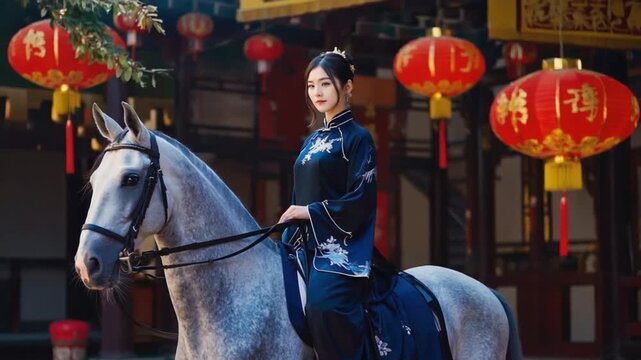 Chinese woman on a horse. Chinese New Year.