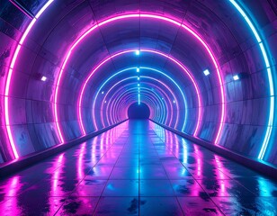 Long hallway features glowing neon rings of blue and pink, creating a futuristic, geometric scene